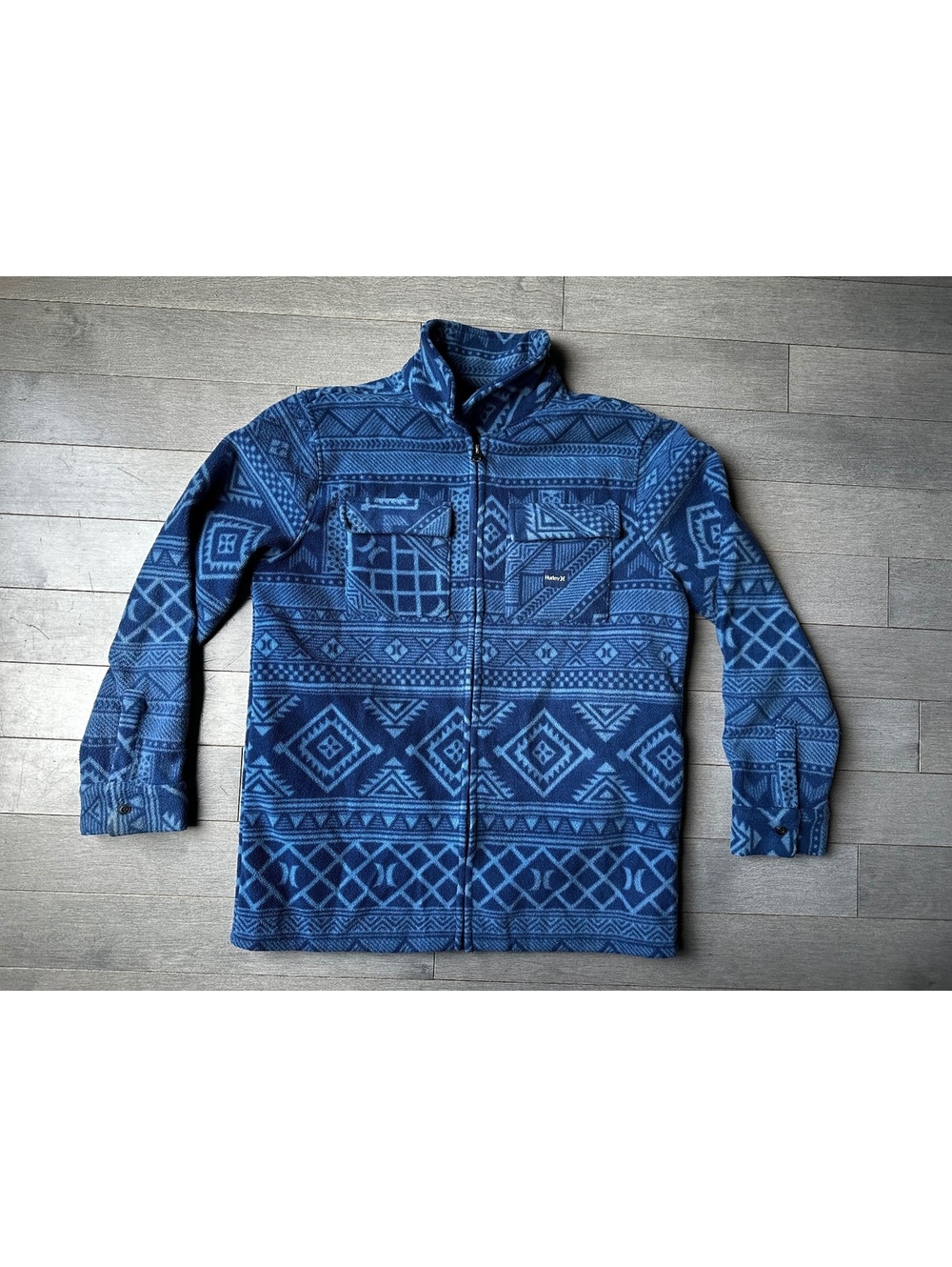 Hurley Boys' Blue Patterned Geometric Fleece Full Zip Collared Jacket Size L